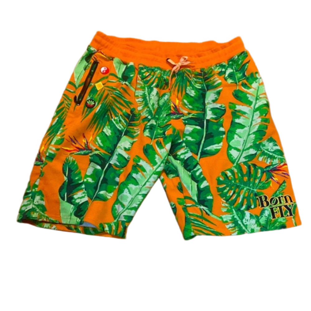 Born Fly Shorts Orange Green Leaves Drawstring Side Zip Pockets 3X